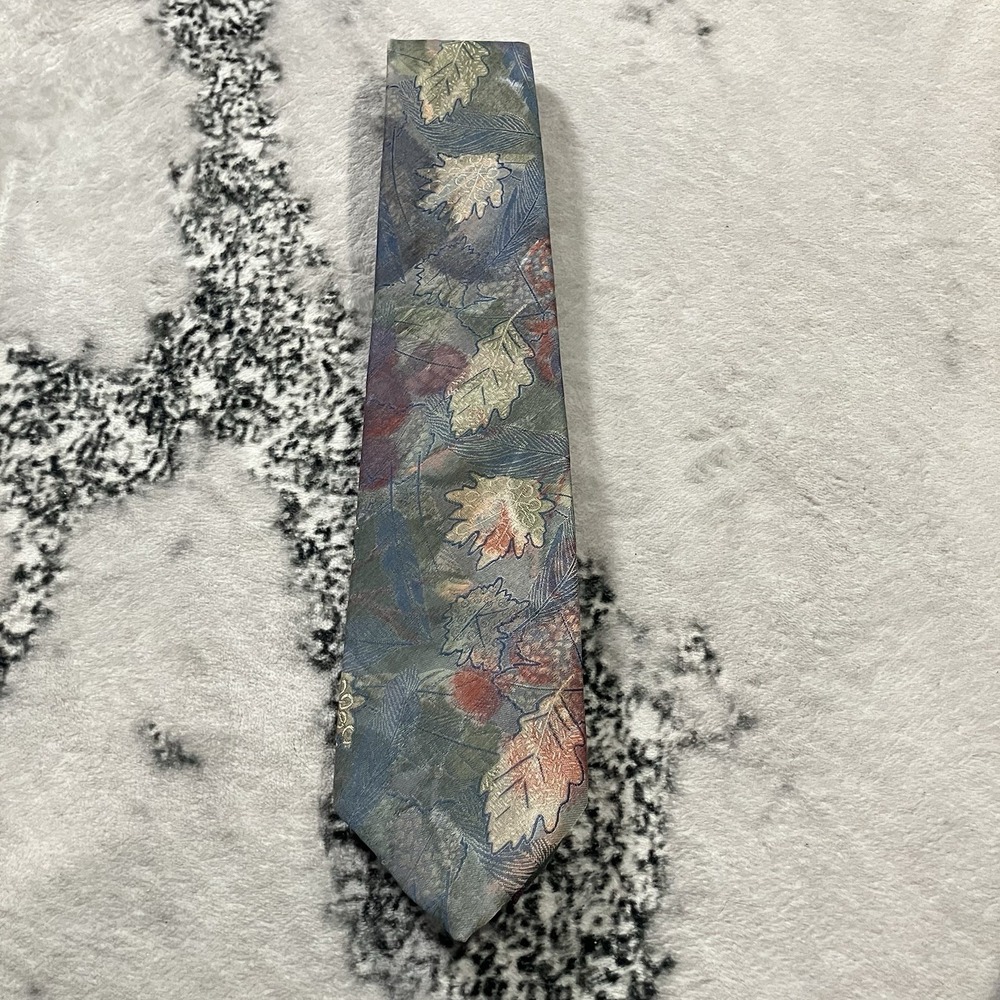 Oscar de la Renta Silk Tie Mens Blue Green Autumn Leaf Print Designer Necktie